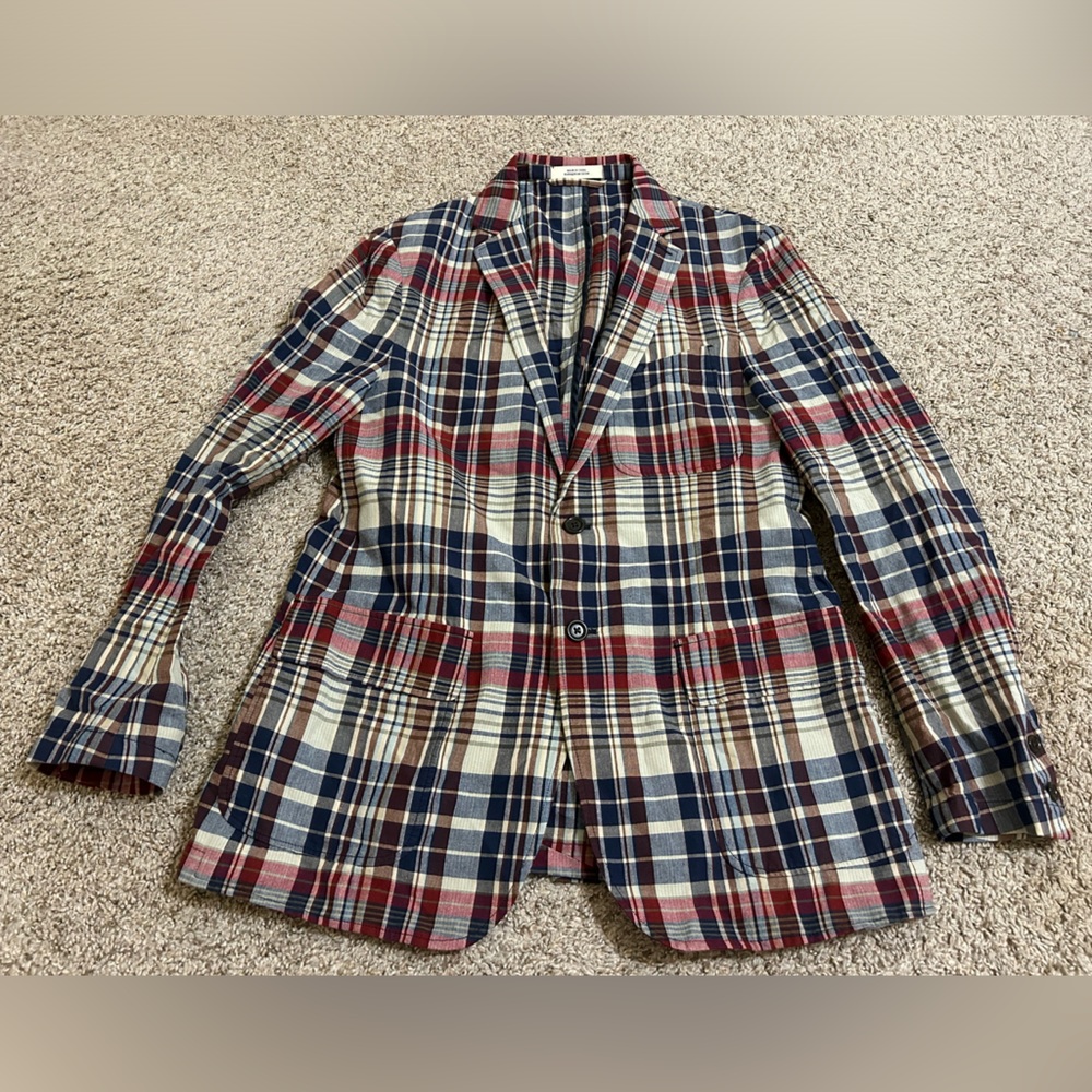 Lands End Canvas Cotton Plaid Button-Up Blazer Coat Red,Blue Cream Mens Size 40R